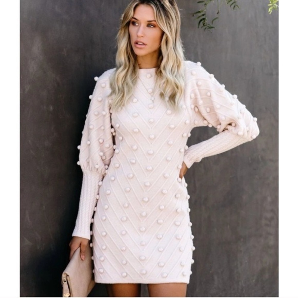 Vici Cream Pom-Pom Knit Mini Dress